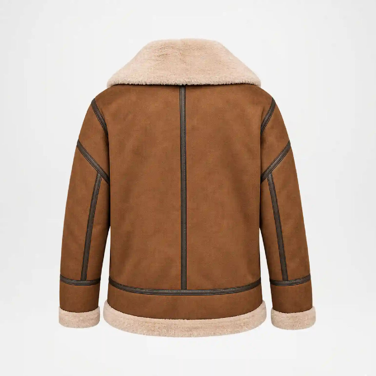 A brown suede shearling jacket shown from the back, featuring a thick beige fleece collar, lining, and cuffs, with dark contrast stitching.
