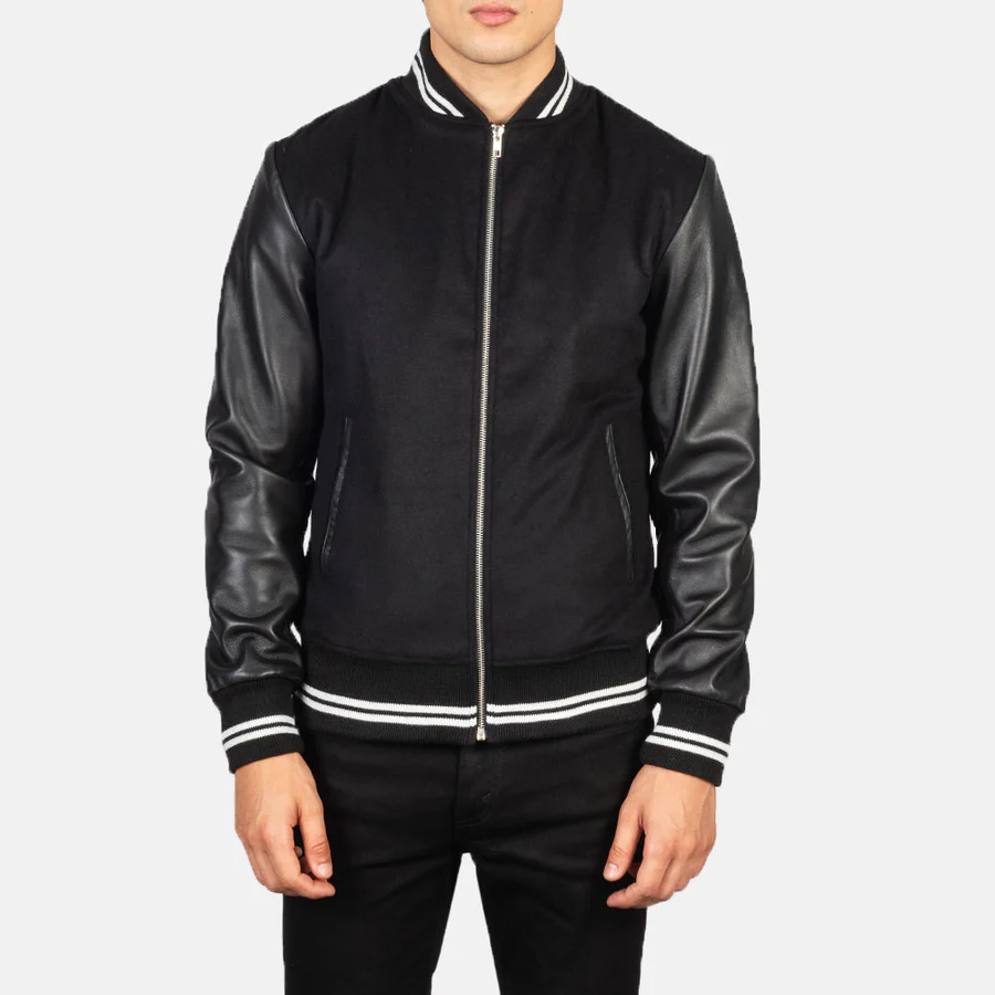 Harrison Men's Urban Black Hybrid Wool & Leather Varsity Jacket - Image 5