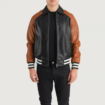 black and brown varsity jacket