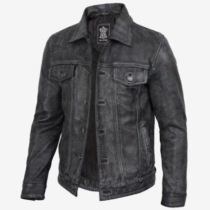 Men's Washed Leather Trucker Jacket