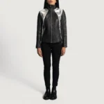 Alia Women's Metallic Black Leather Biker Jacket - Image 4