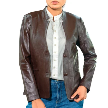 mandarin collar womens leather coat