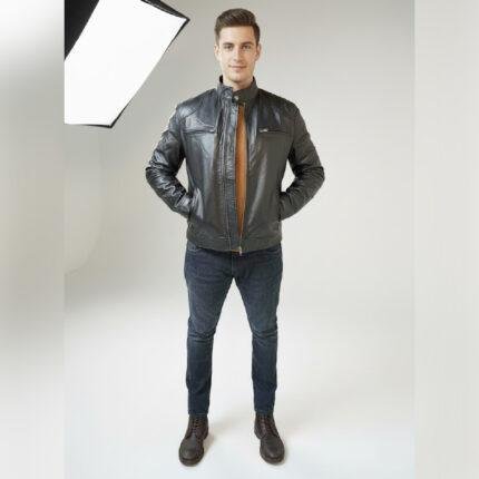 mandarin collar black leather jacket